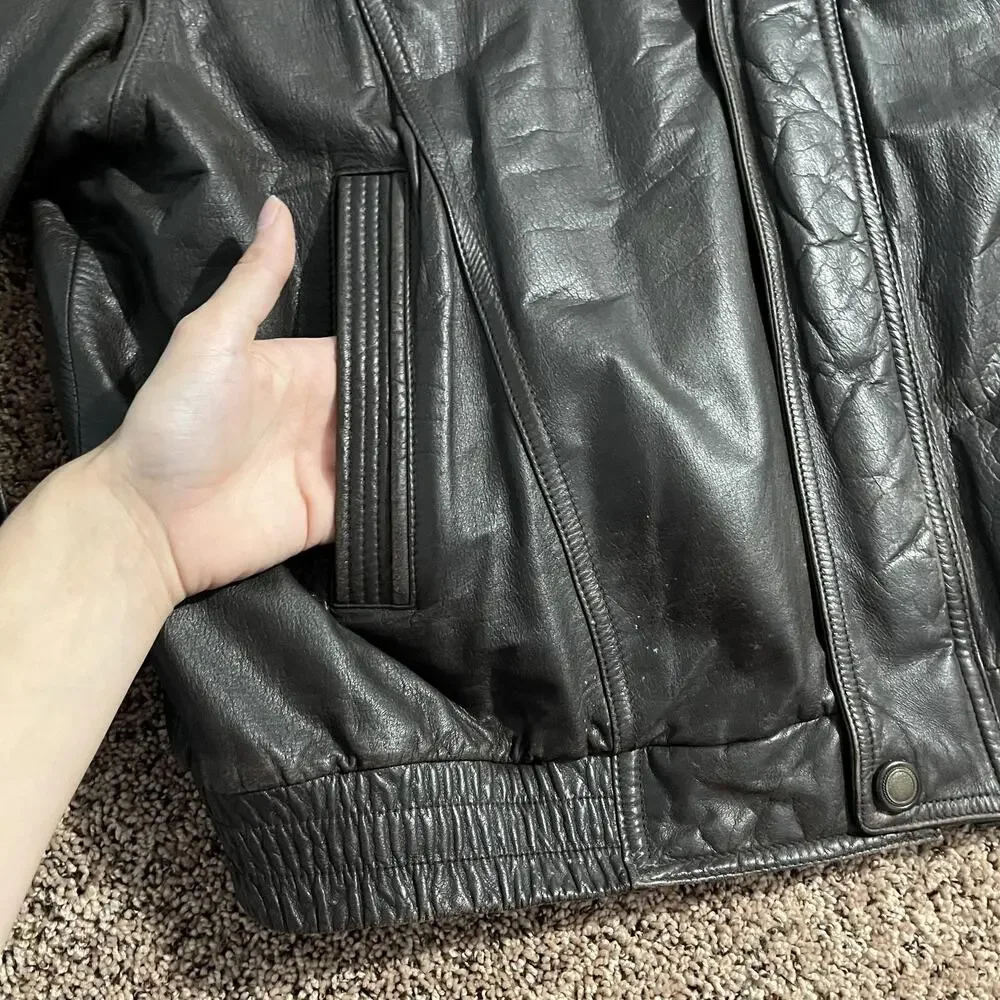 Members Only Jacket Mens‎ XL Brown Leather Bomber Quilted Lined Zip Snap Collar
